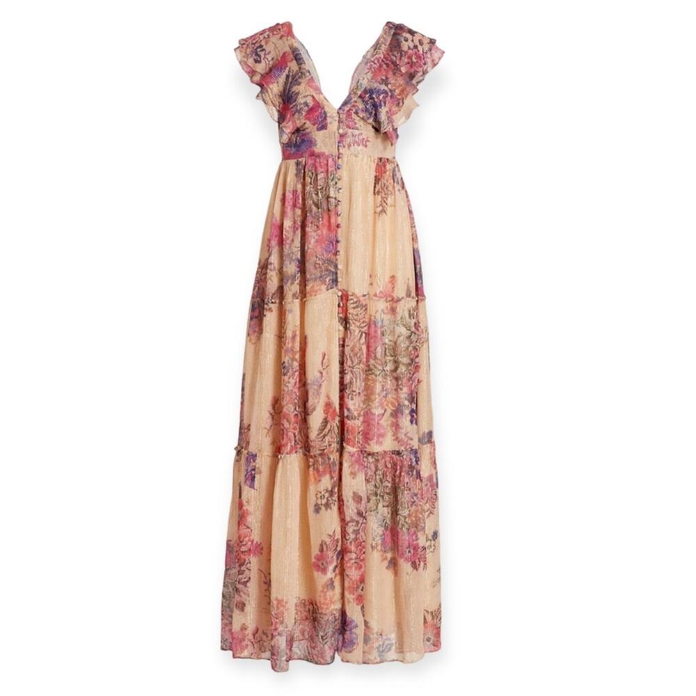 Hemant & Nandita Leah Pink Floral Metallic Maxi Dress Size XS